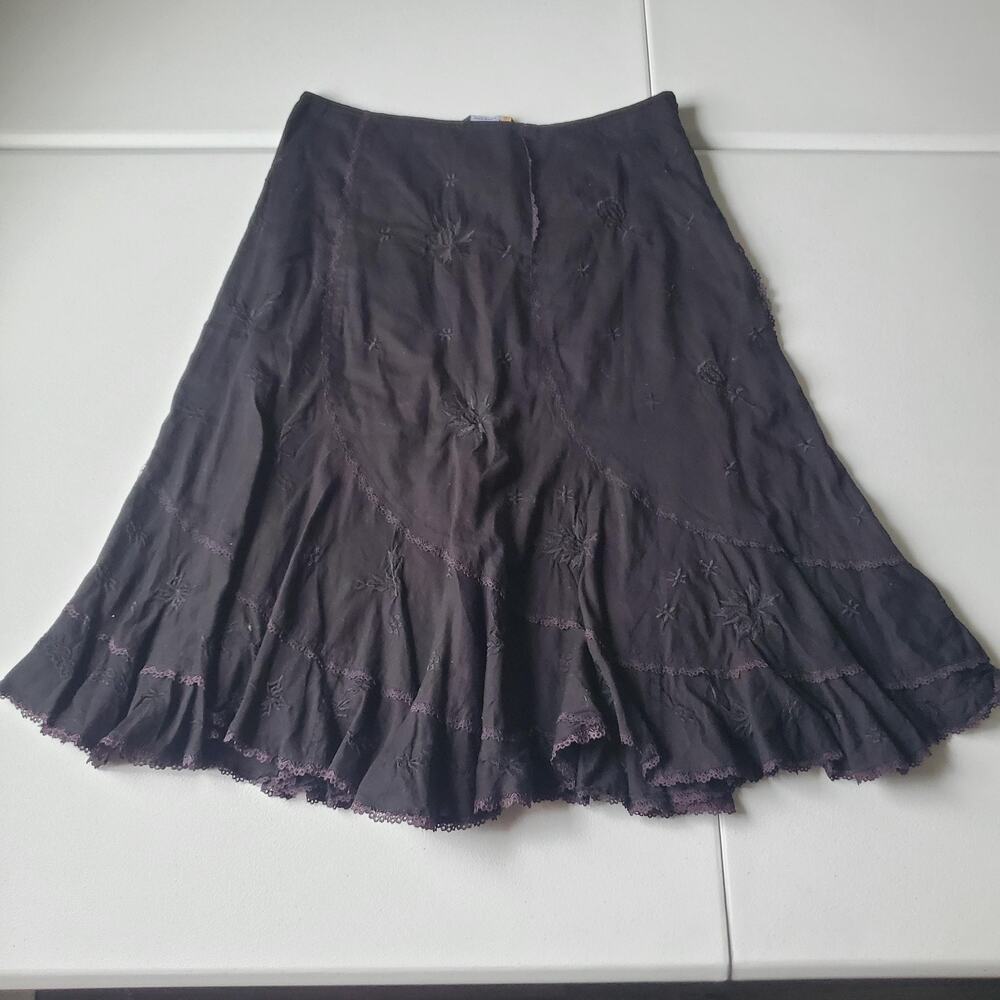 Whimsigoth Witch Grunge Skirt Womens Small Black Embroidered Boho Peasant Lace